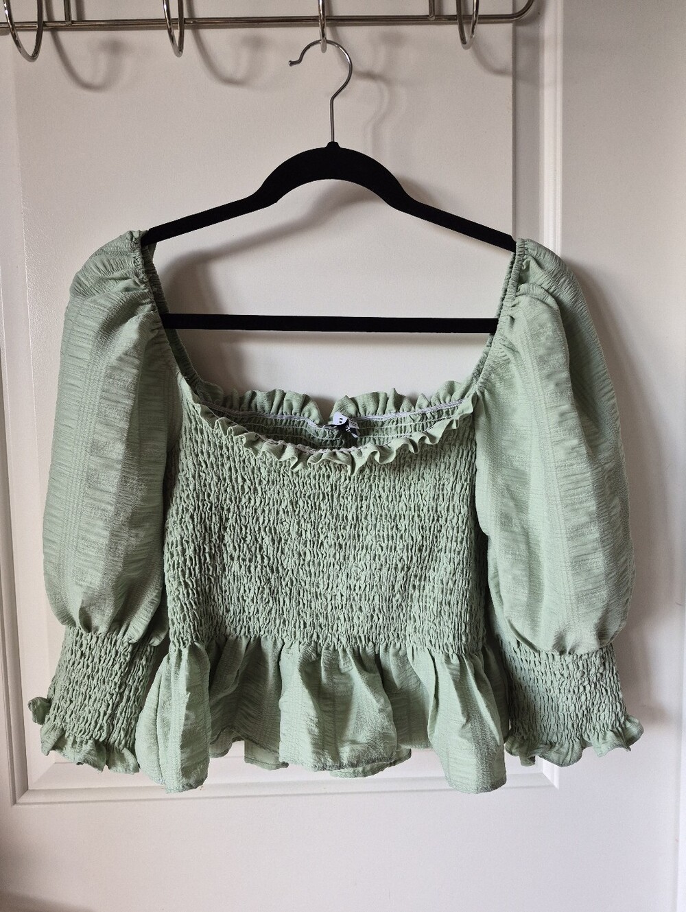 En Saison Light Sage Green Smocked Peplum Puff Sleeve Blouse